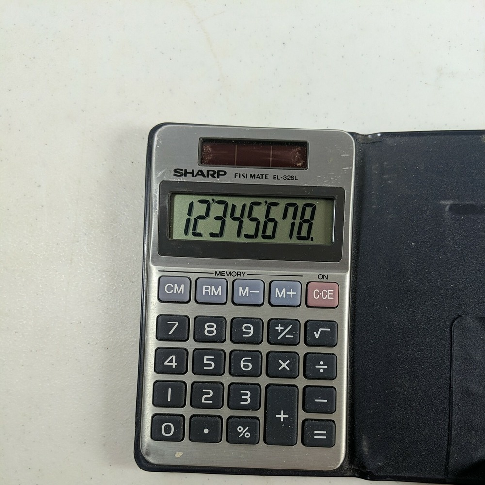 Sharp ELSI MATE EL-326L Solar Calculator 8 Digit Navy Blue Wallet Case Vintage